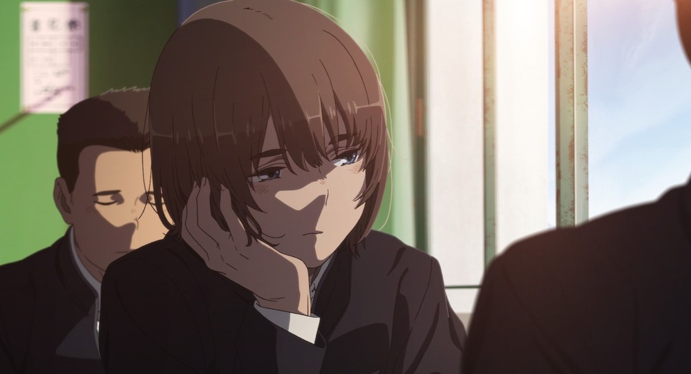 Maboroshi main character looking bored/sad in a classroom.